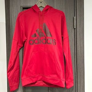 Adidas Men’s Climawarm Red Sweatshirt with Hood. Shows Adidas Logo in front